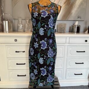 Calvin Klein Black Midi Dress with Blue and Green Floral Embroidery Size 4
